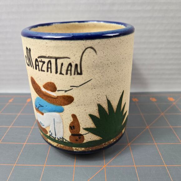 Signed Sandstone Texture Pottery Coffee Tea Mug Mexico Sombrero Cactus Blue Rim - Picture 3 of 13